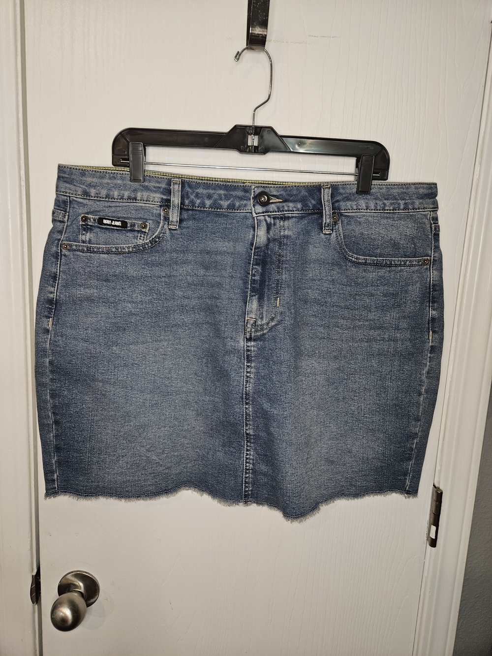 DKNY Medium Blue Denim Mini Skirt With Frayed Hem